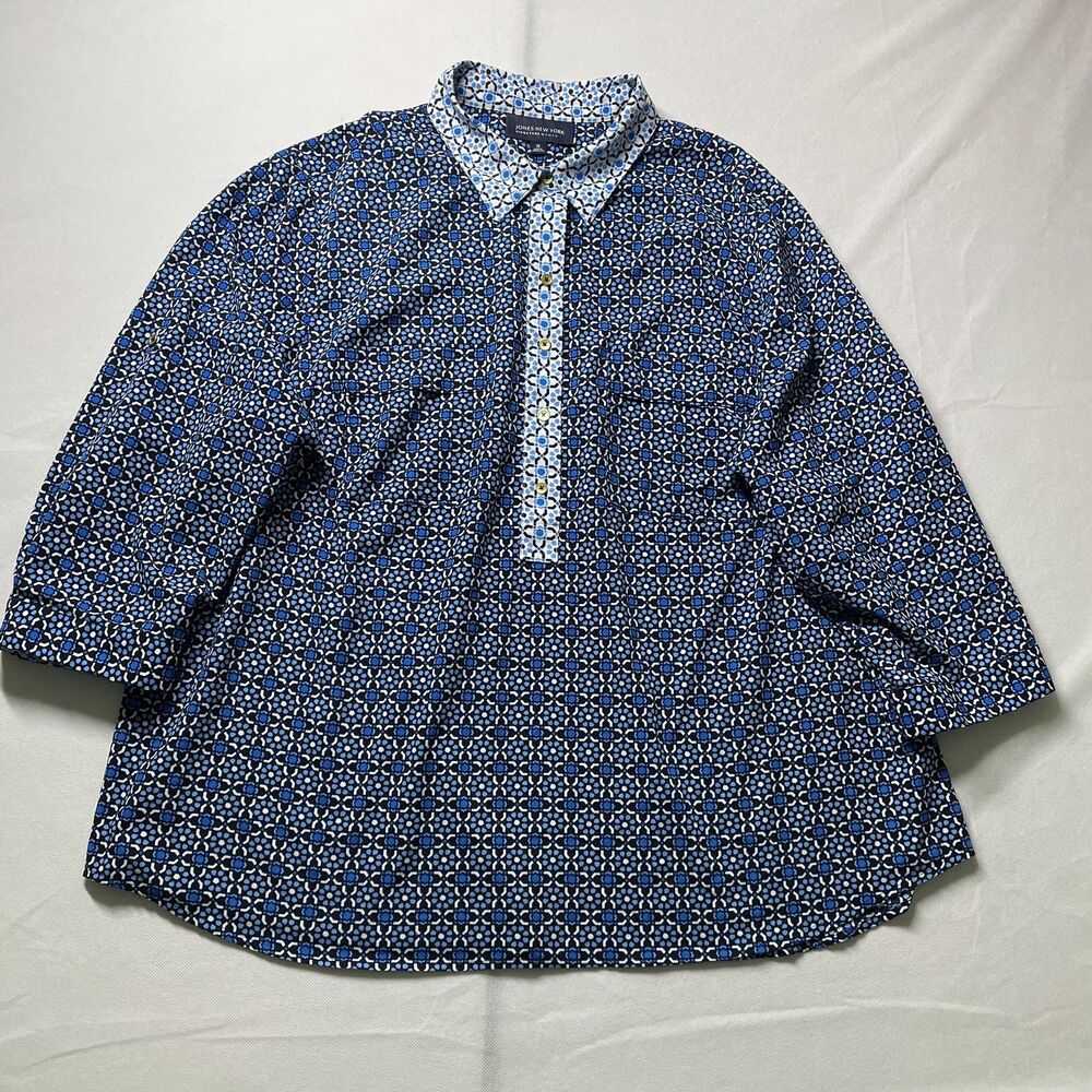 Jones New York Women Pullover Blouse 3/4 Sleeve Geometric Blue Size 3X